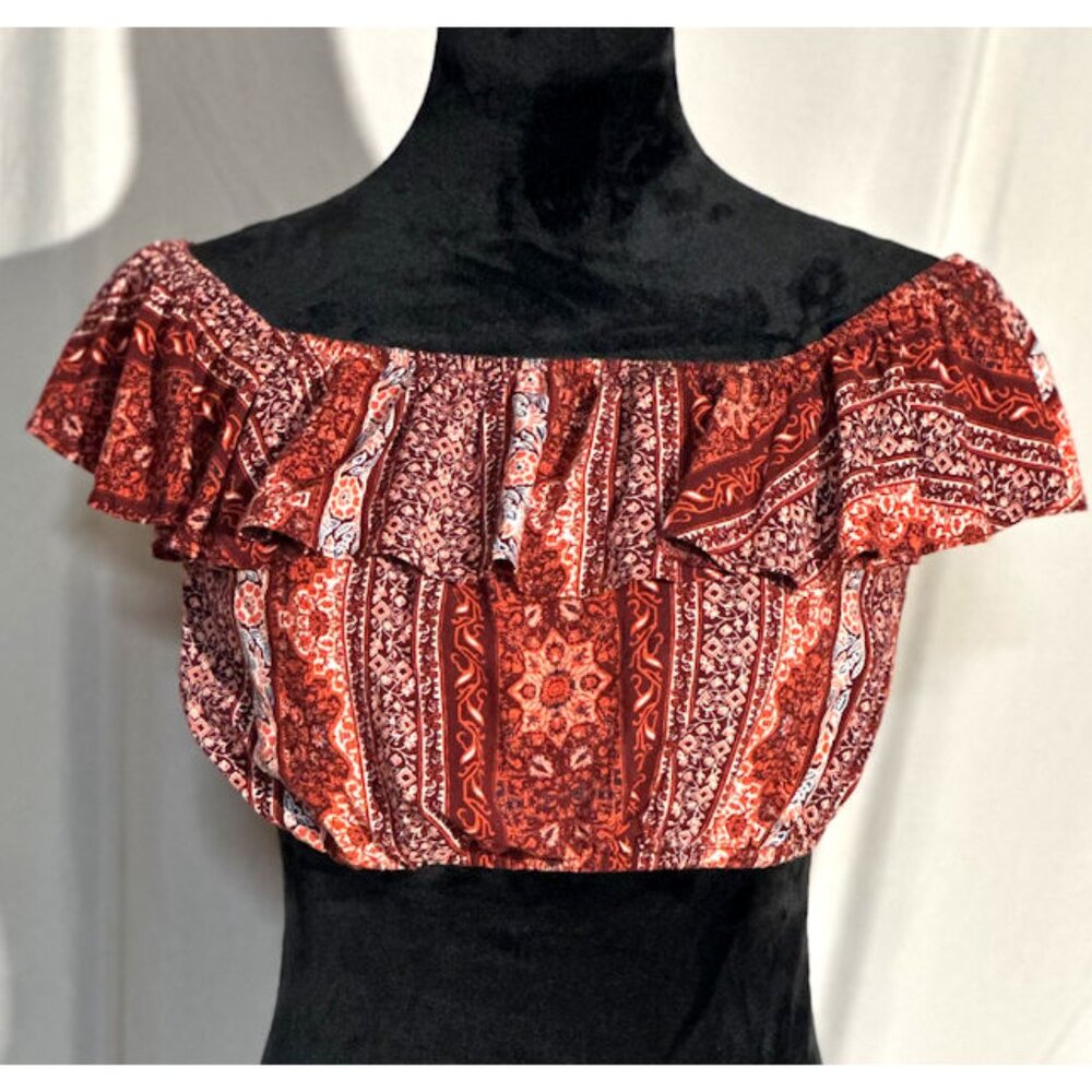 Miss Selfie Peasant Style Crop Top with Ruffle, Size Large, Boho, Festival